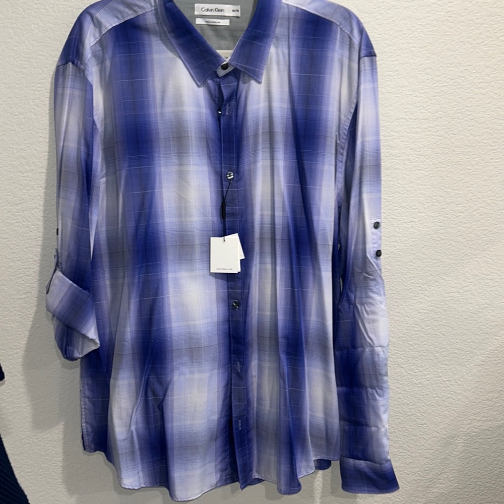 Calvin Klein l/s button down shirt, Blue & white print, NWT, XXL